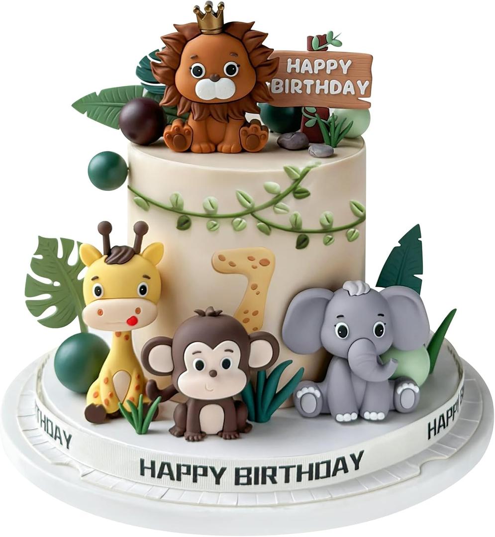 19pcs Safari Animal Cake Topper - Jungle Wild Cake Toppers with Leaves Balls Cake Decorations for Safari Animals Themed Birthday Party Decorations (Safari Animal Style)