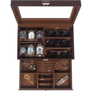Kukikan Watch Jewelry Box Organizer, 6-Slot 2-Layer Watch Case and Sunglasses Storage with Large Glass Lid, Men's Jewelry Box with Lock, Watch Holder Display Case, Gift for Men Women