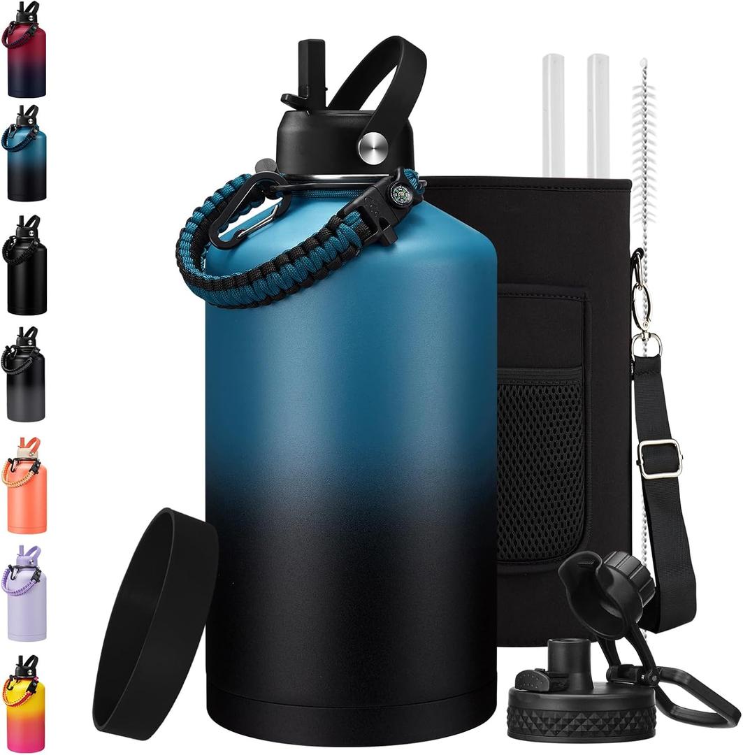 128 oz Insulated Water Bottle with Carrier Bag, 1 Gallon Metal Water Jug Keep Cold-48H Hot-24H, Giant Water Jug with Straw Lid & Spout Lid, Paracord Handle, Gallon Water Canteen for Work (Indigo Black)