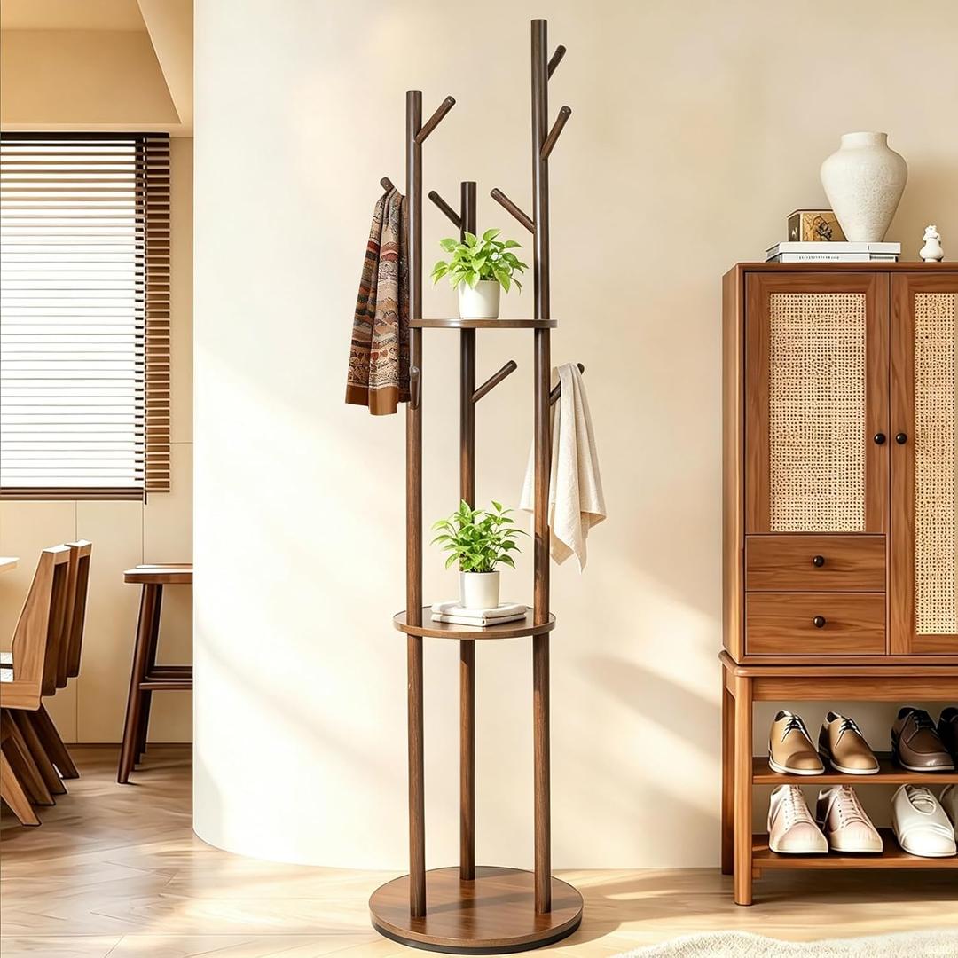 Coat Rack Freestanding 360 Rotating Wooden, 9 Hooks Hat Rack