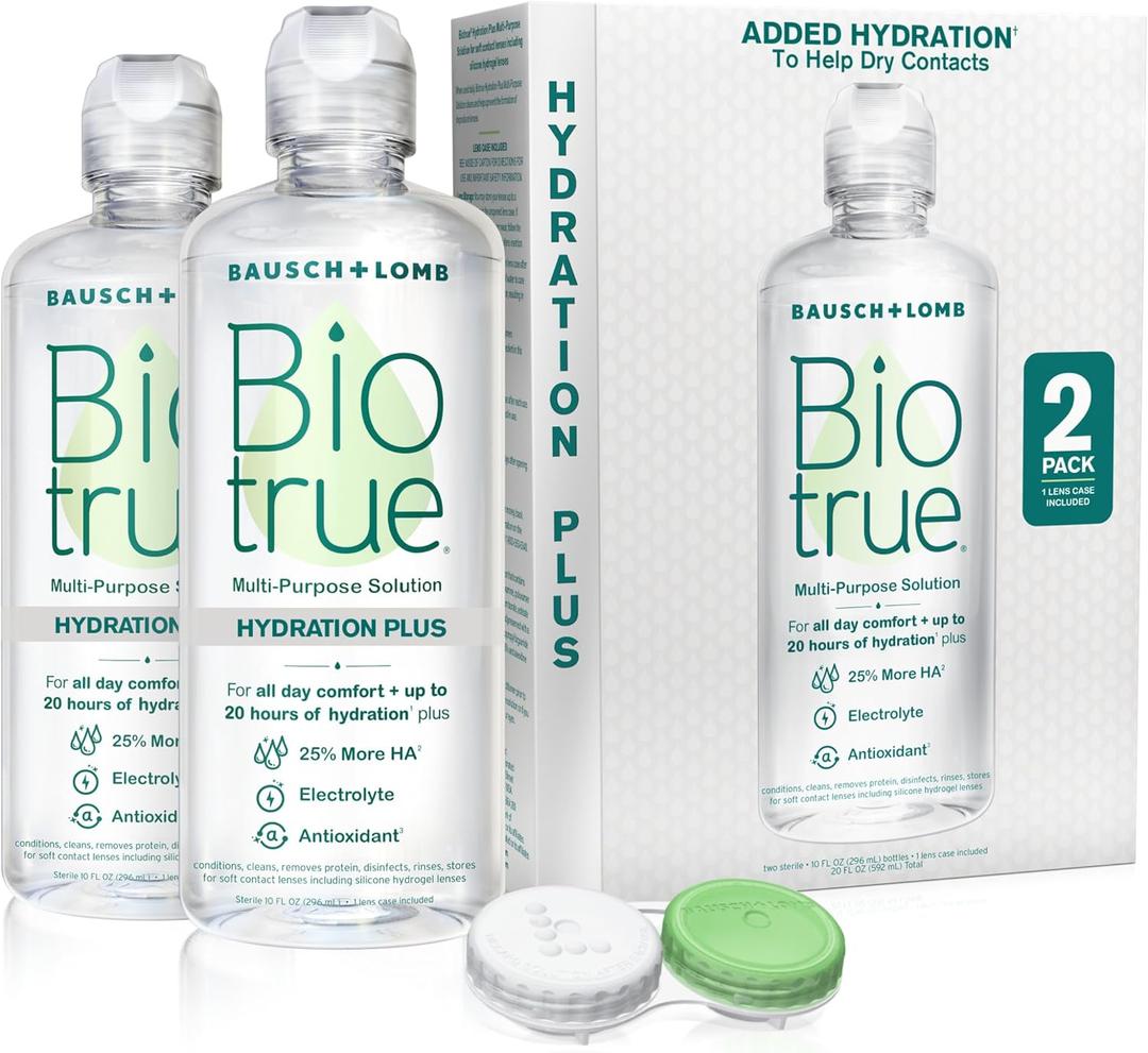 Biotrue Hydration Plus Contact Lens Solution with Lens Case, Multi-Purpose Solution for Soft Lenses, Hydrates with Hyaluronan, Cleans, Clears, and Disinfects for All-Day Comfort, 10 Fl Oz (Pack of 2)