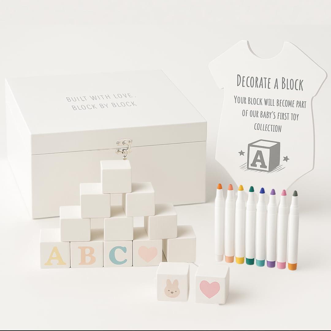Nolia Baby Shower Blocks Decorating Game  48 White Wooden Cubes to Decorate, Storage Box, 12 Acrylic Markers & Instruction Sign