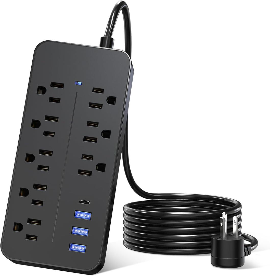 Power Strip Surge Protector with 8 Outlets & 3 USB Ports & 1 Type-C Port (5V/3A), Angled Flat Plug, Spaced Outlets & ETL Listed Power Outlet for Home Office - Black