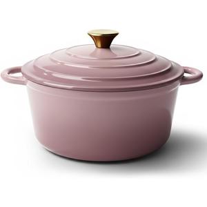 Vintage Style 6 Quart Dutch Oven Pot with Lid, Non Stick Enameled Cast Iron Dutch Oven for Bread Baking, Heavy-Duty, Oven Safe Ceramic Cookware Up to 500F for Baking, Braising, Stews, Roasting, Pink