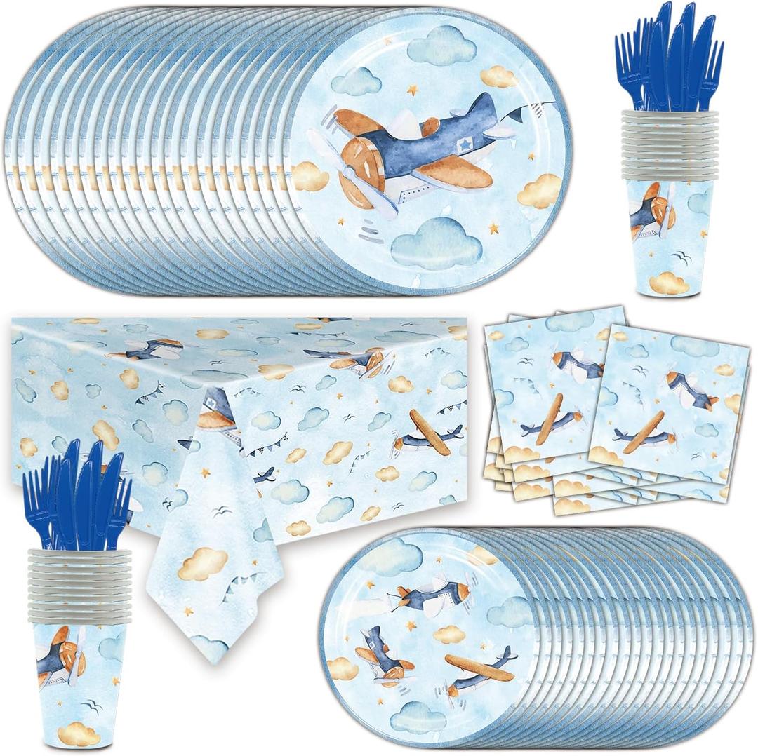 141Pcs Airplane Birthday Party Decorations Include Airplane Plates-Paper Cups-Napkins-Forks-Knives-Tablecloth for Airplane Baby Shower Decorations Serves 20 Guests