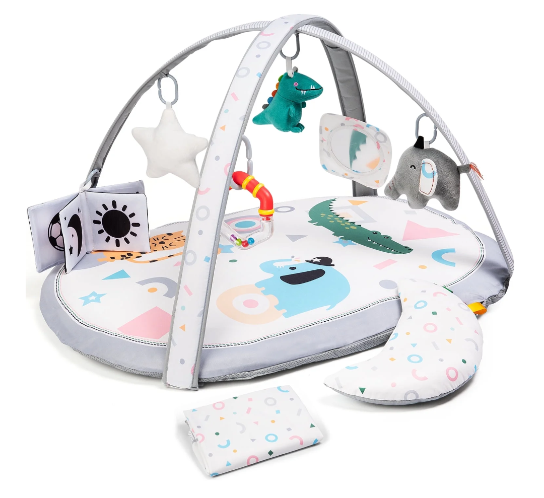 Lupantte 7 in 1 Baby Play Gym Mat, 2 Replaceable Washable Mat Covers Baby Activity Play Mat with 6 Toys, Visual, Hearing, Touch, Cognitive Development for Baby to Toddler, Thicker Non-Slip