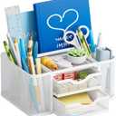 Marbrasse Mesh Desk Organizer, Pen Organizer with 2 Drawer, Multi-Functional Pencil Holder, Desk Organizers and Accessories with 5 Compartments + Drawer for Office Art Supplies (White)