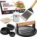 Gamalou Smash Burger Press Kit: 7 Cast Iron Flat Press, 3-in-1 Hamburger Maker, 6x5 Spatula, Dredge Shaker & 100 Patty Papers for BBQ, Blackstone Griddle, Flat Top, Grill & Frying Pan (Essential)