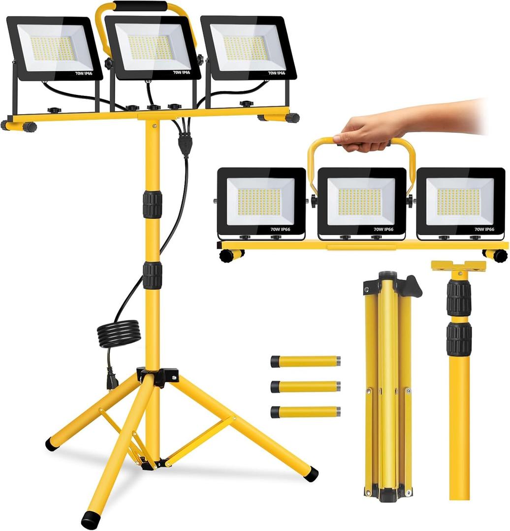 21000 Lumen Work Lights with Stand, 3 Adjustable Heads LED Work Lights, with Adjustable and Foldable Tripod Stand, Waterproof Lamp with Individual Switch with 6500 Kelvin Color Temperature (3-Heads)