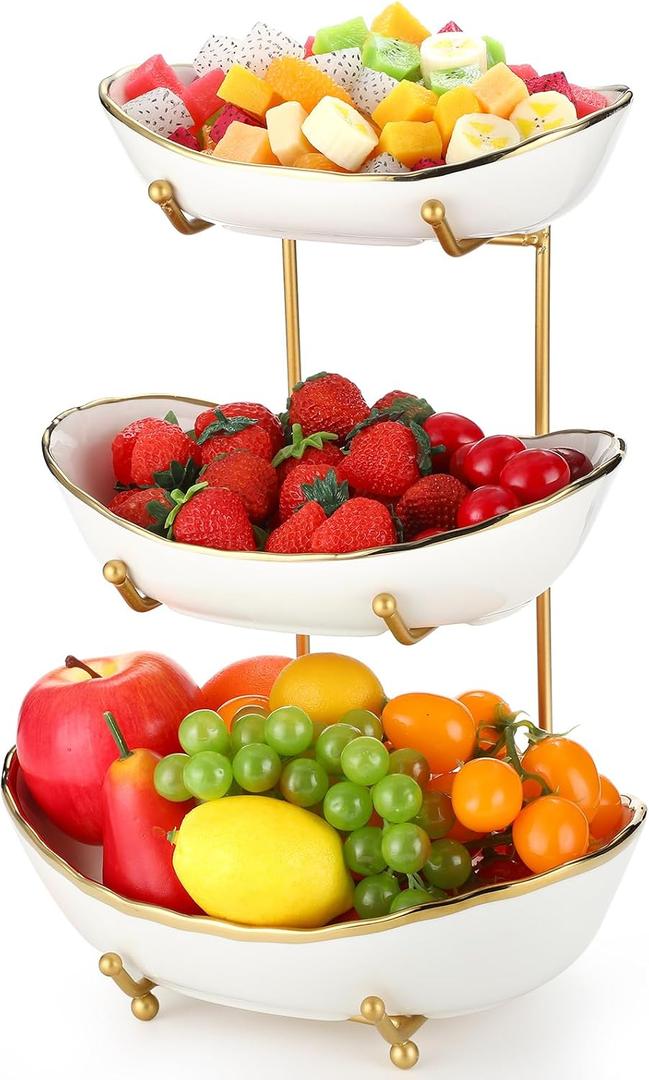 Honeydak 3 Tier Ceramic Fruit Bowl for Kitchen Counter Tiered Fruit Stands for Kitchen Counter Ceramic Serving Display Bowls with Metal Stand for Dessert Snack Vegetable Storage, Party, Cute & Small