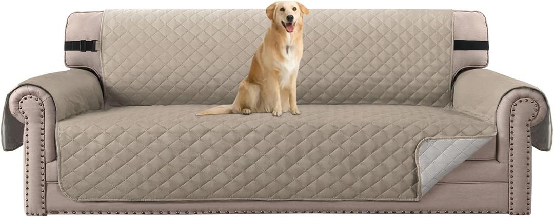 H.VERSAILTEX Water Resistant Couch Cover for 3 Cushion Couch Reversible Sofa Slipcover Quilted Furniture Protector with Elastic Strap Non Slip Sofa Cover for Dogs Pets(Oversized Sofa, Khaki/Beige)