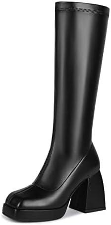DOBOYG Knee High Boots Women Platform Chunky Block Heel Stretchy Square Toe Tall Patent Leather Long Boots, Size 40