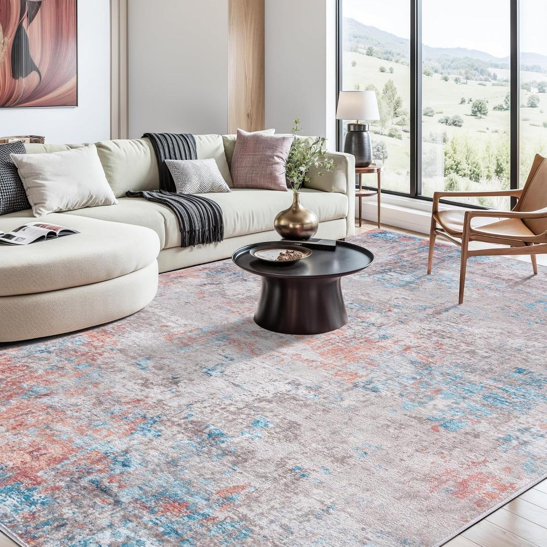Auemtyn 4x6 Washable Area Rug - Modern Abstract Soft Thin Non-Slip Indoor Floor Carpet for Living Room Bedroom Dining Nursery Farmhouse - Coral