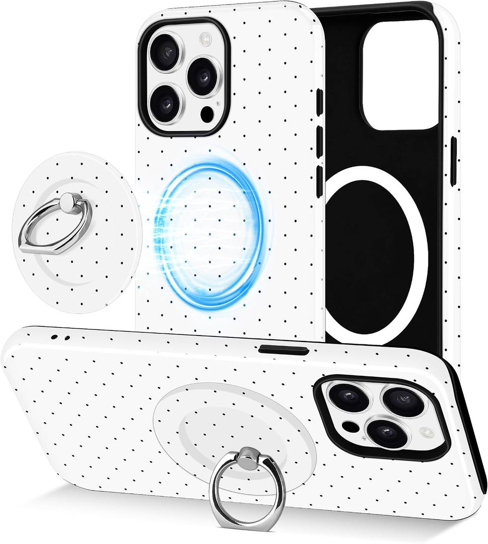 Jusy Compatible with Magsafe Polka Dot Phone Case for iPhone 13 Pro Max, Cute Aesthetic Magnetic Ring Holder Stand Case, Soft TPU and Hard PC Protective Phone Cover for Women Girls - White Polka Dot