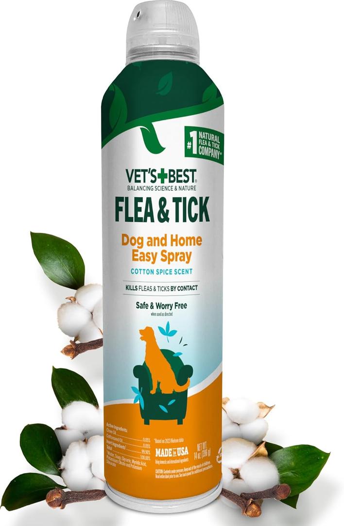Vet's Best Natural Flea and Tick Easy Spray for Dogs  Cotton Spice Scent  Natural Flea & Tick Prevention  Kills Pests on Contact  Plant-Based Formula  Made in USA  14 oz