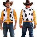 Cowboy Costume for Men with Yellow Plaid Button Down Shirt Men Cowboy Vest Cow Print Vest Halloween Western Outfit (XXL)