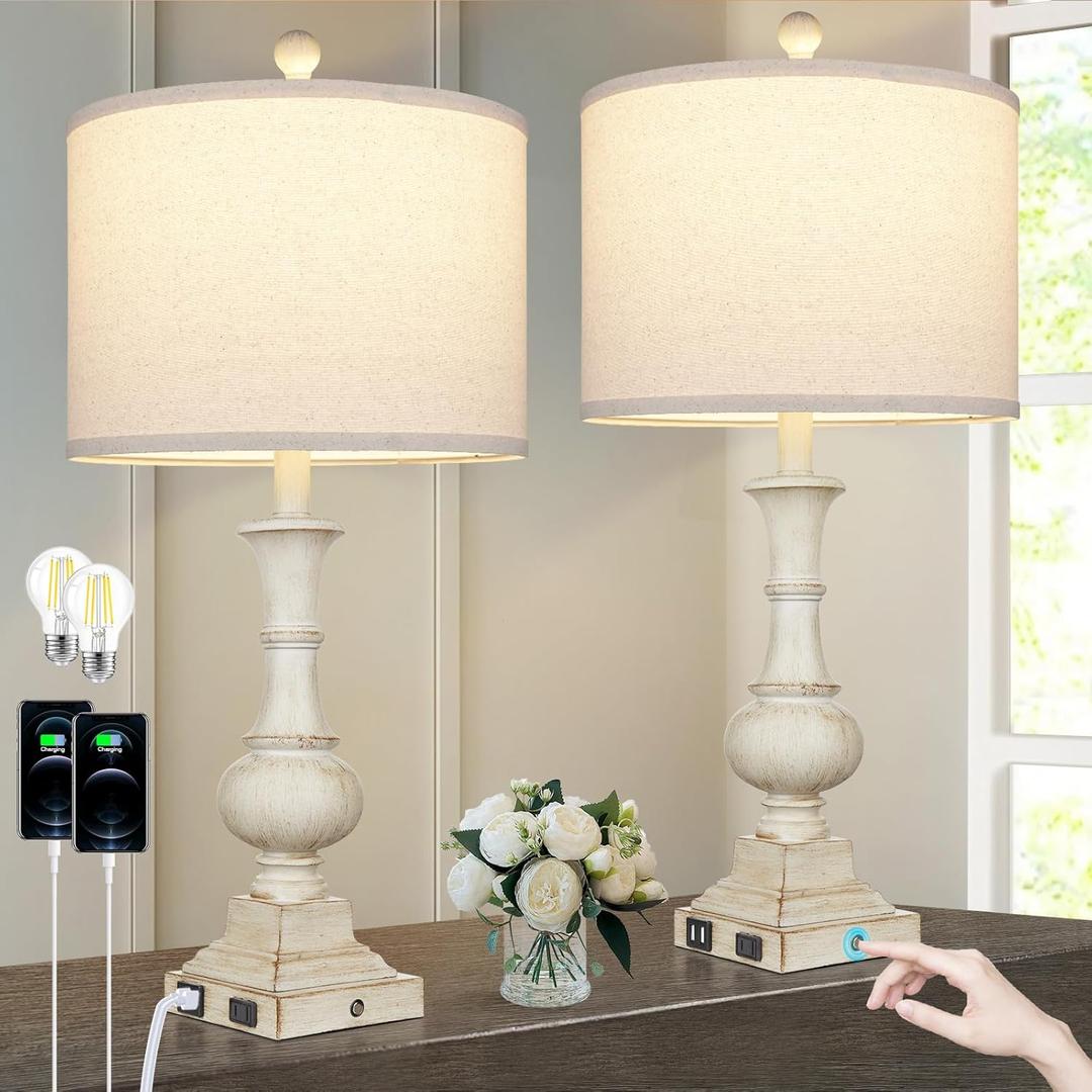 26" Farmhouse Table Lamps Set of 2, Rustic Touch Control Bedside Lamps with 2 USB Ports & AC Outlet, Vintage White Resin 3-Way Dimmable Nightstand Lamp Linen Fabric Shade for Living Room Bedroom Decor