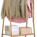 Bamboo Clothing Rack with Top Hanging Garment Rod, 2 Side Hooks & Bottom 2-Tier Shelves  Space-Saving Organizer for Clothes, Hats, Bags & Shoes