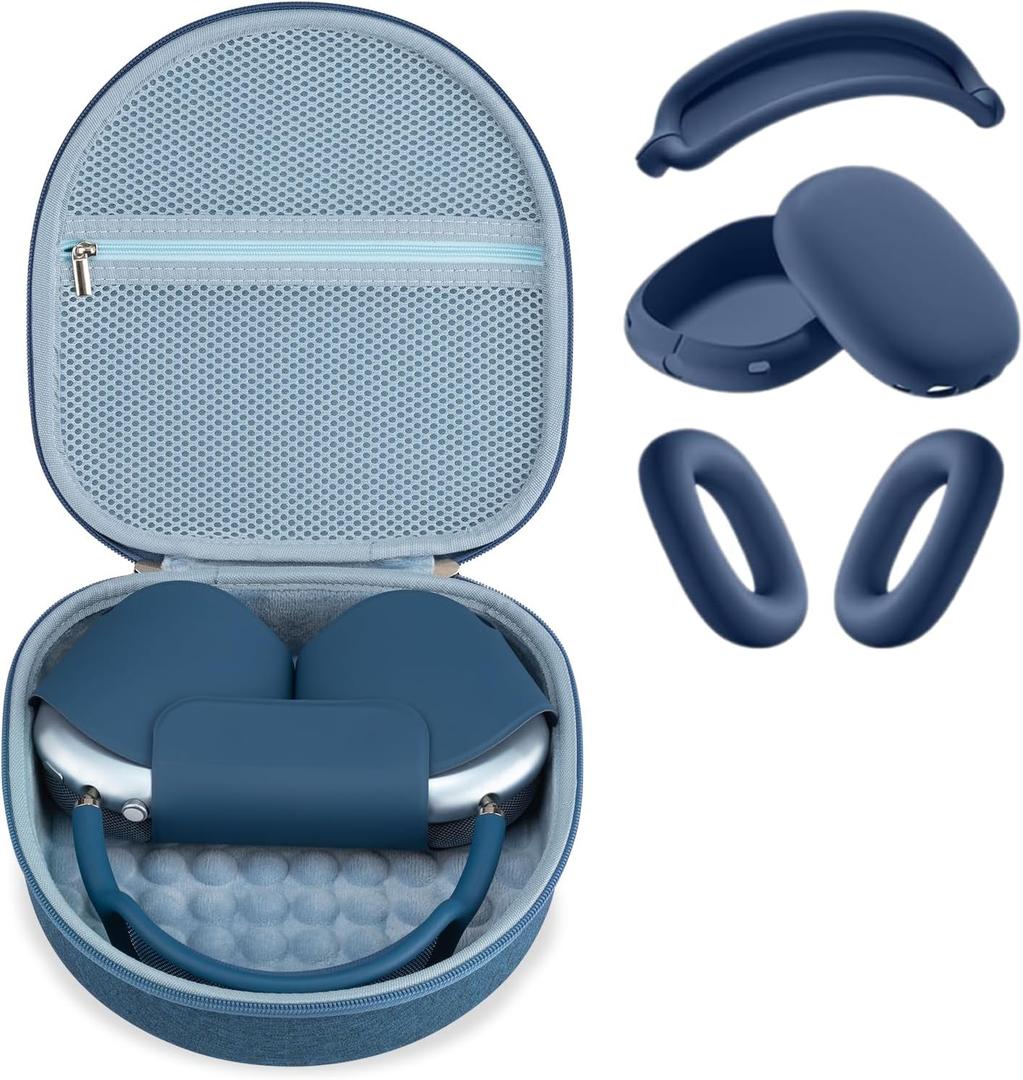 3 in 1 Silicone Cover and Case for Apple Airpods Max Headphones, AirPods Max Hard Case and Anti-Scratch Ear Pad Case/Ear Cups/Headband Covers Accessories (Blue)