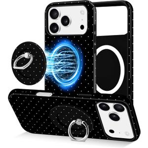 Jusy Compatible with Magsafe Polka Dot Phone Case for iPhone 11, Cute Aesthetic Magnetic Ring Holder Stand Case, Soft TPU and Hard PC Protective Phone Cover for Women Girls - Black Polka Dot