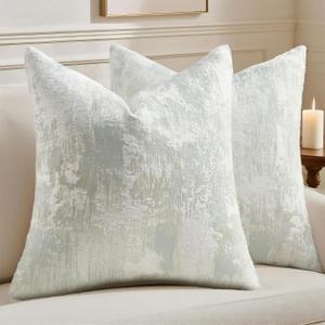 HAUSSY Pack of 2 Lumbar Throw Pillow Covers 16x16 Inch,Faux Cashmere Jacquard Decorative Patten Furry Pillowcases Textured & Soft Cushion Covers for Couch Bed Room Home Decor, Light Blue White