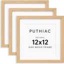 puthiac 12x12 Solid Oak Wood Picture Frame, Fits 8x8 with Mat or 12x12 Without Mat, Wall Display Only, Plexi Front, 3 Pack, Natural Oak