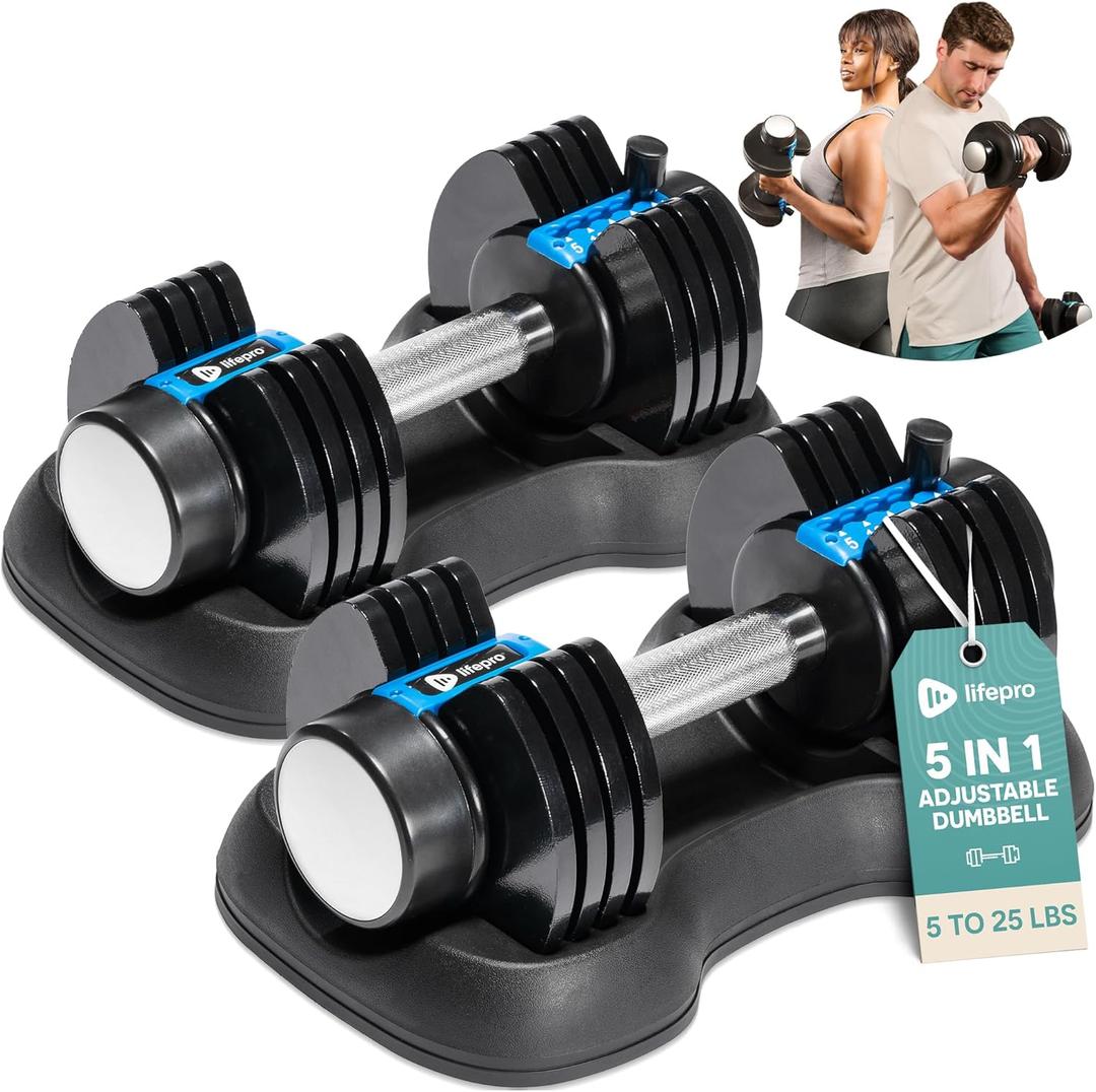 Lifepro Adjustable Dumbbells Set - 5in1-25lb weights Set & Single with Rack - Quick Adjust, Secure Grip - Compact Hand Weights for Men Women Home Gym