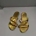 GORGLITTER Women's Metallic Strappy Open Toe Flat Sandal PU Leather Summer Slides Sandals (8.5, Gold)