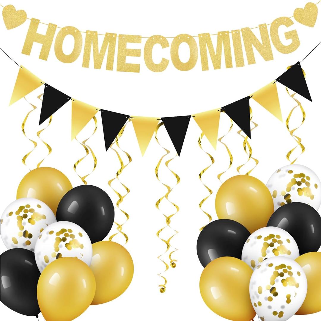TaoBary 53 Pcs Homecoming Decorations, Black Gold Homecoming Garland Banner Bunting Balloons Swirls Decorations Kit for High School Hoco Dance Party Supplies Welcome Back to School Favors