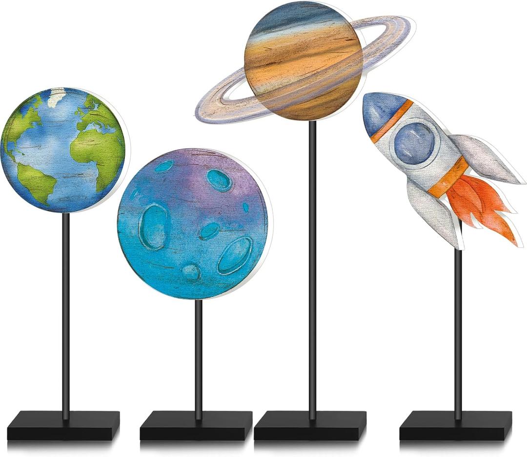 Yinkin 4 Pcs Space Centerpieces for Tables Outer Space Party Decorations Wooden Standing Rustic Planets Earth Block for Solar System Birthday Decorations Themed Party Supplies Tiered Tray Decor
