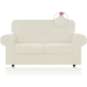 WEERRW Velvet Couch Covers for 2 Cushion Couch Sofa - High Stretch Luxury Velvet Plush 3 Pieces Sofa Slipcovers with Elastic Bottom, Furniture Protector for Pets, Machine Washable, Ivory, Medium