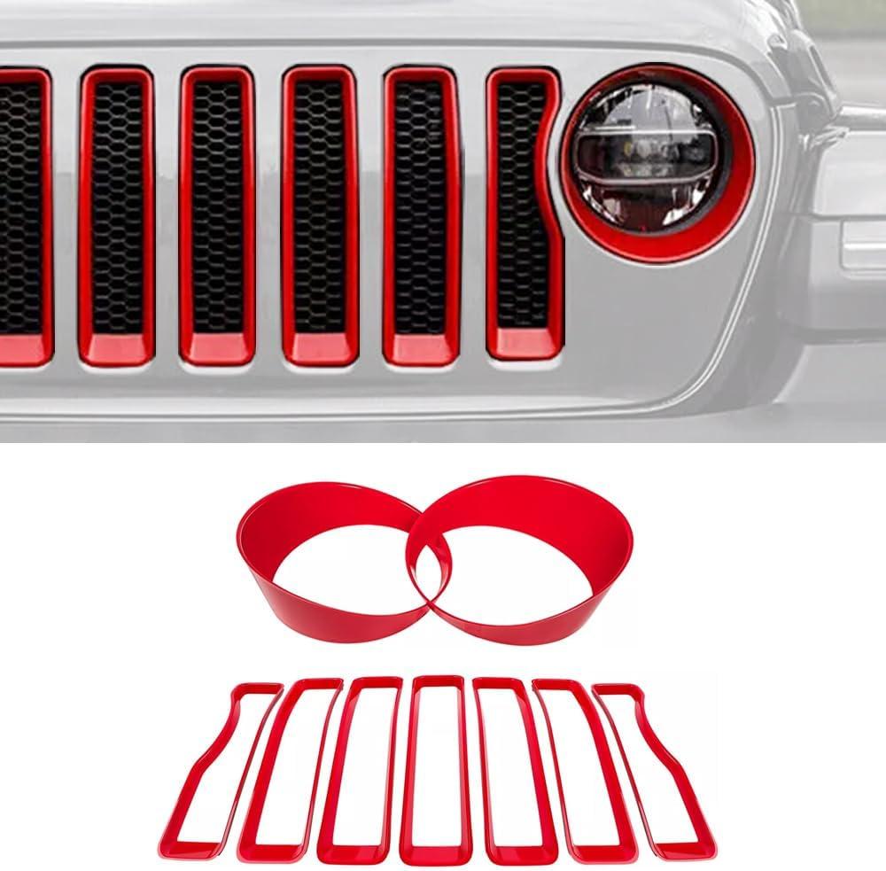9PCS Grille Inserts Headlight Cover Kit Fitment for Jeep (2020-2023) Gladiator JT (Red, JT)