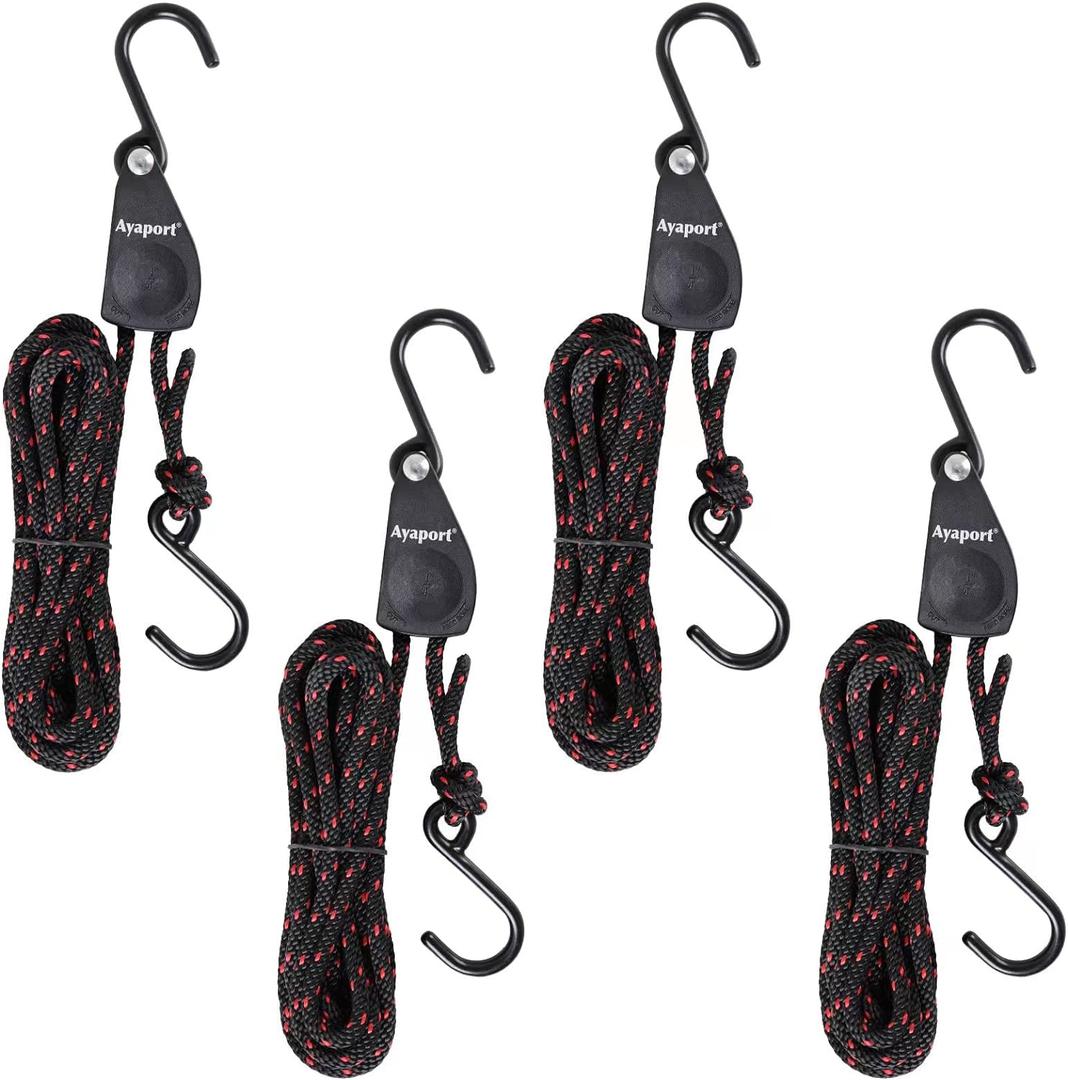 Ayaport Kayak Rope Tie Down Ratchet Straps Bow and Stern Ratcheting Tie Downs Rope Hanger Kayak and Canoe Accessories (1/4"x14'-4pcs, Black)