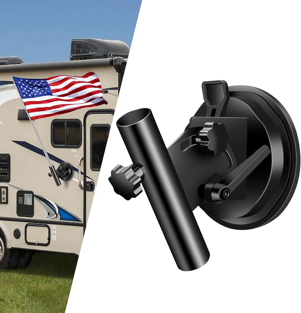 Suction Cup Flag Holder for RV, Camper, Car, Truck, Trailer, SUV - Adjustable Angle, Black Aluminum Alloy Flag Pole Mount