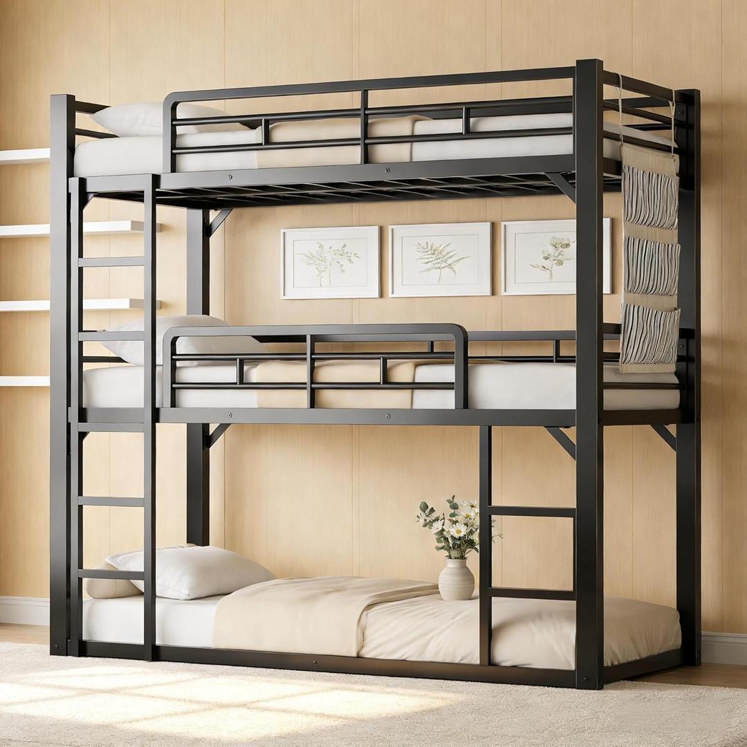 Twin Over Twin Over Twin Metal Triple Bunk Bed, Heavy Duty Steel Frame with Safety Guardrails & Noise Reducing System, Space Saving 3 Tier Bunk Bed for Multiple Kids, Black