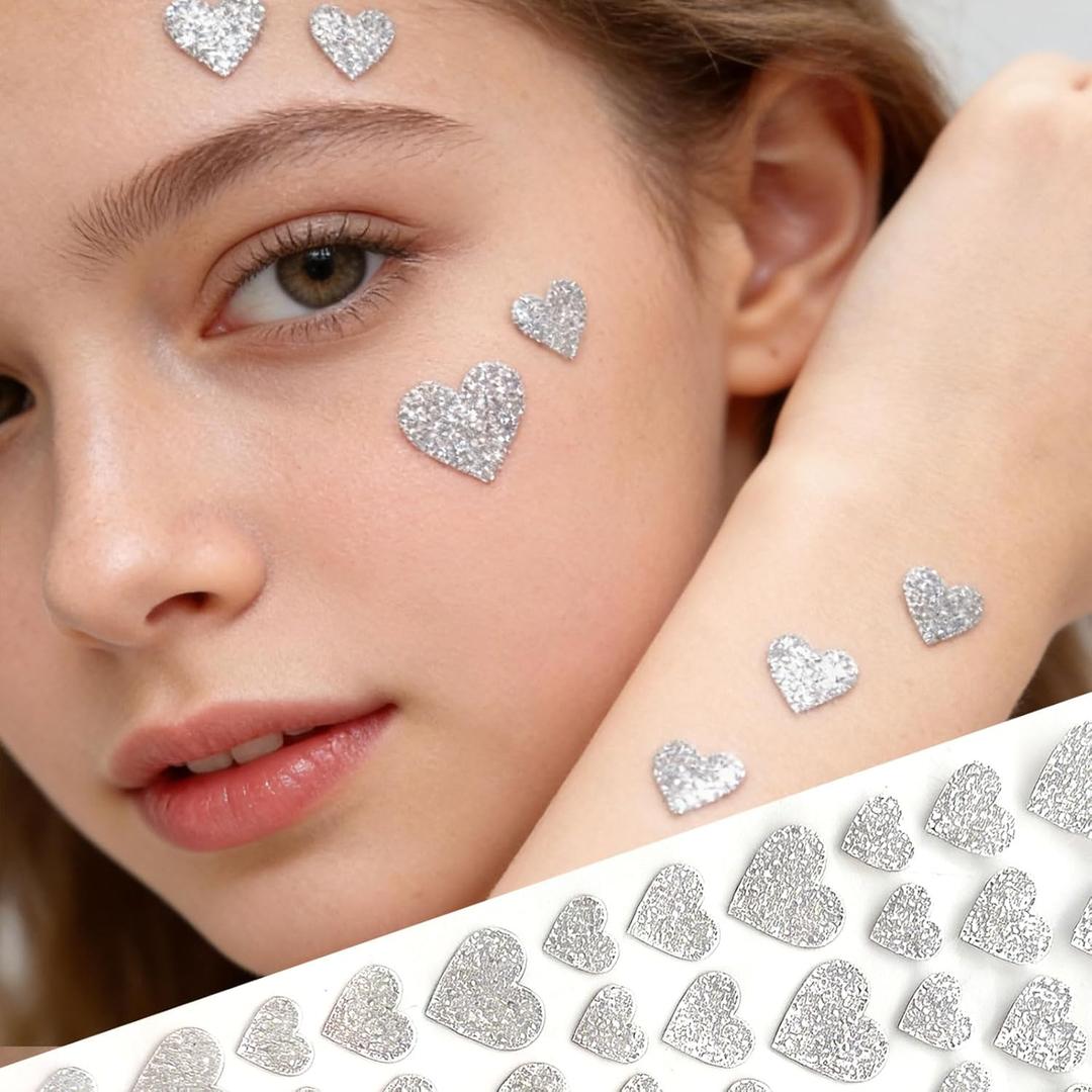 189 Pcs Silver Glitter Heart Face Stickers Valentine's Day Tattoo Stickers for Face & Body Multi-Size Romantic Shiny Heart Decal for Valentines Day Crafts DIY Decor Birthday Party Favors -Silver