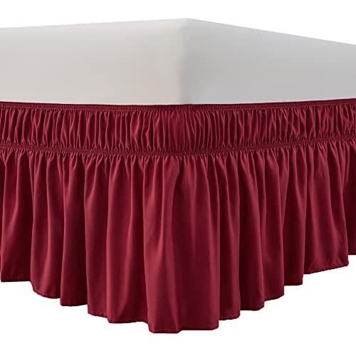 Around Bed Skirt Three Fabric Sides Elastic Dust Ruffled 14 Inch Tailored Drop,Easy to Install Fade Resistant-Burgundy, Queen/King
