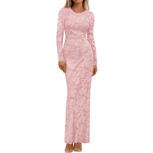BTFBM Wedding Guest Dresses for Women 2026 Spring Elegant Floral Lace Ruched Long Sleeve Bodycon Cocktail Party Maxi Dress (Medium, Pink)