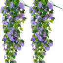 2 Pcs Artificial Fake Hanging Flowers Plants 41'' Faux Silk Petunia UV Resistant Fake Morning Glory Long Trailing Vines for Spring Outside Front Porch Patio Balcony Decoration(Purple)