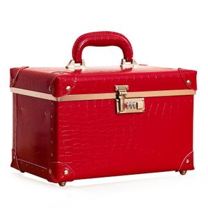 urecity Vintage Makeup Train Case, Red Artificial Leather, Professional Cosmetic Storage Box with Combination Lock, Retro Style Portable Beauty Organizer