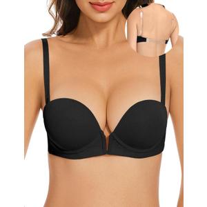 YBCG Women's Backless Bra with Clear Back Straps Plunge Convertible Push Up Padded Add A Cup Low Cut Underwire Bras for Women (Black), 36DD
