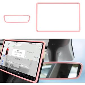 2Pcs Silicone Protector Frames of Screen and Rear View Mirror for Tesla Model 3 2017-2023 and Model Y 2019-Feb.2025. (Pink)