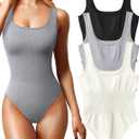 OQQ Women's 3 Piece Bodysuits Sexy Ribbed Sleeveless Square Neck Tank Tops Leotard 2025 Trendy Outfits, Large