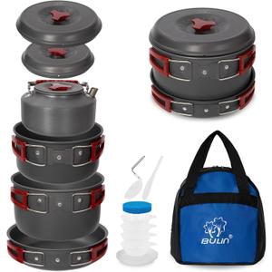 Bulin Camping Cookware Pots and Pans Set, Lightweight Backpacking Cooking Set Outdoor Cook Gear for Family Hiking Picnic (Kettle, Pot, Frying Pan, Bowls, Plates, Spoon)