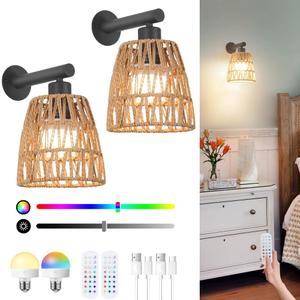 Boho Battery Operated Wall Sconces, Rattan Wall Sconce Set of 2 with Remote, RGB 15 Colors Dimmable Rechargeable Wall Light, Black Indoor Wireless Wall Lamp, Farmhouse Rattan Wall Lighting for Bedroom (6.3in wireless)