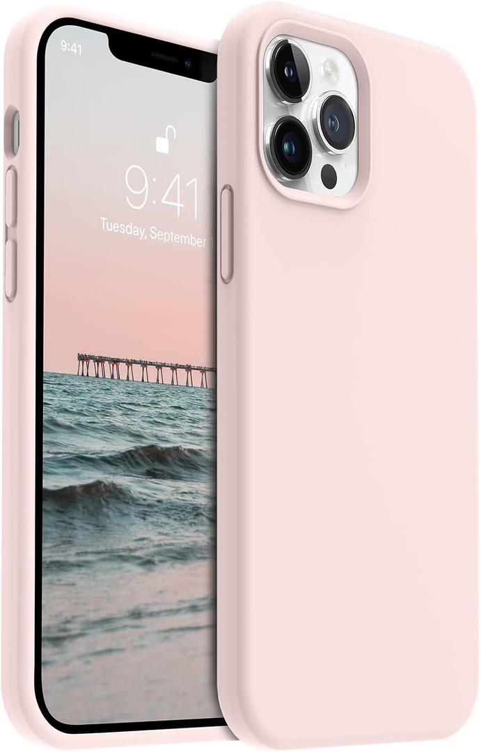 AOTESIER Shockproof for iPhone 12 Pro Max Case, Liquid Silicone Phone Case with [Soft Anti-Scratch Microfiber Lining] Drop Protection 6.7 inch, Chalk Pink