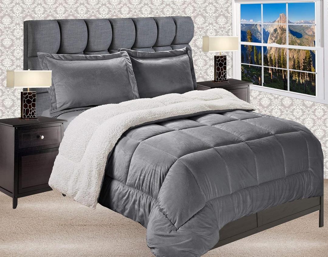 Elegant Comfort Premium Quality Heavy Weight Micromink Sherpa-Backing Reversible Down Alternative Micro-Suede 3-Piece Comforter Set, Full, Grey