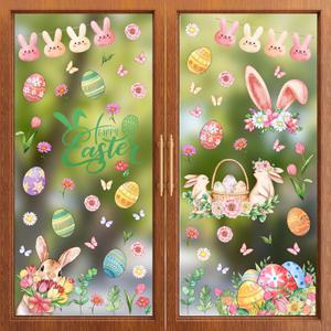 6 x ZAWE 9 Sheets Bunny Eggs Flowers Rabbit Easter Window Clings Double-Sided Reusable Static Window Decals Stickers for Party Home Classroom Office Decorations