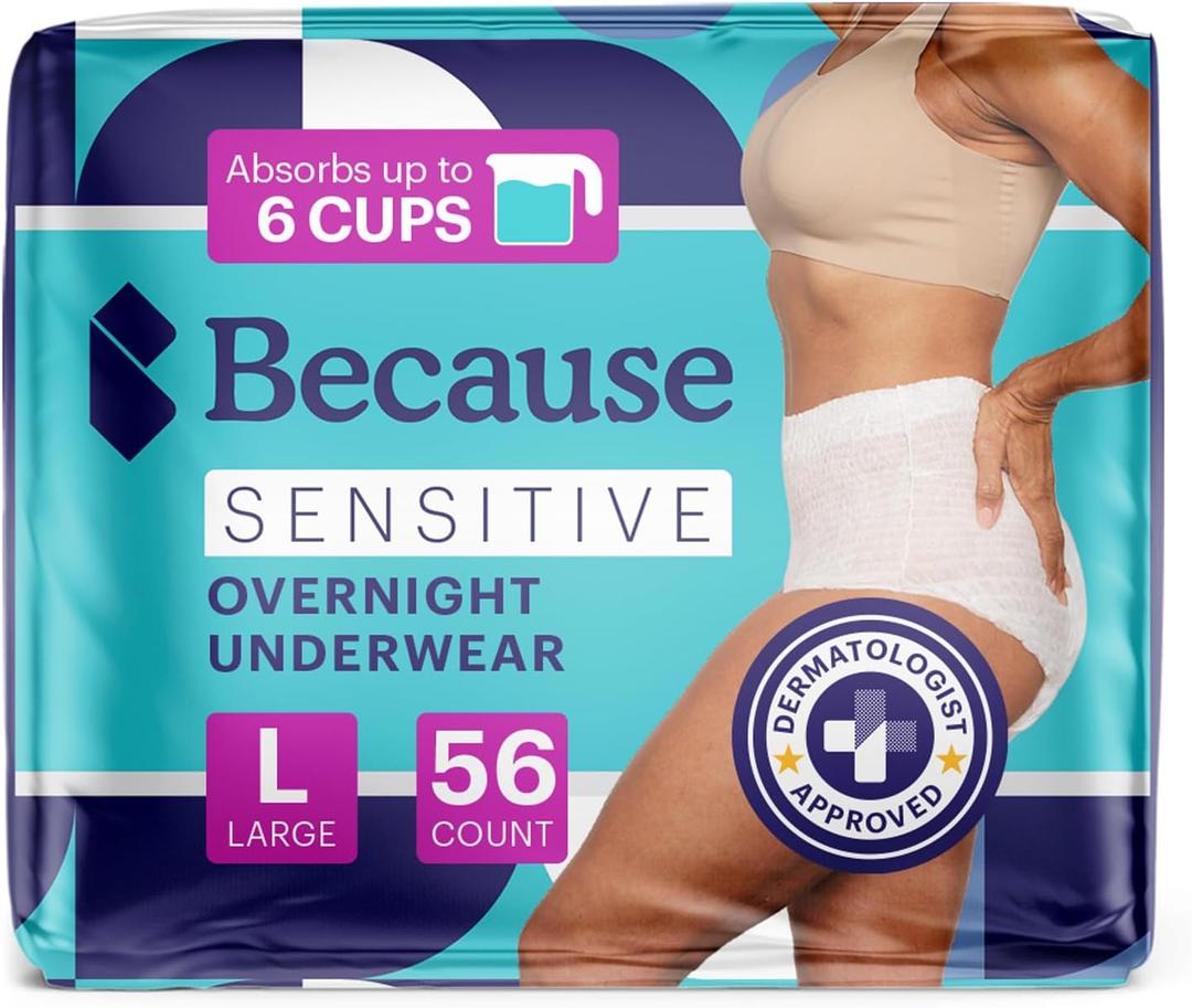 Because Adult Incontinence Underwear for Sensitive Skin - Women - Premium Overnight Disposable Briefs, Anti Odor - White, Large - Absorbs 6 Cups - 56 Count (4 Packs of 14)