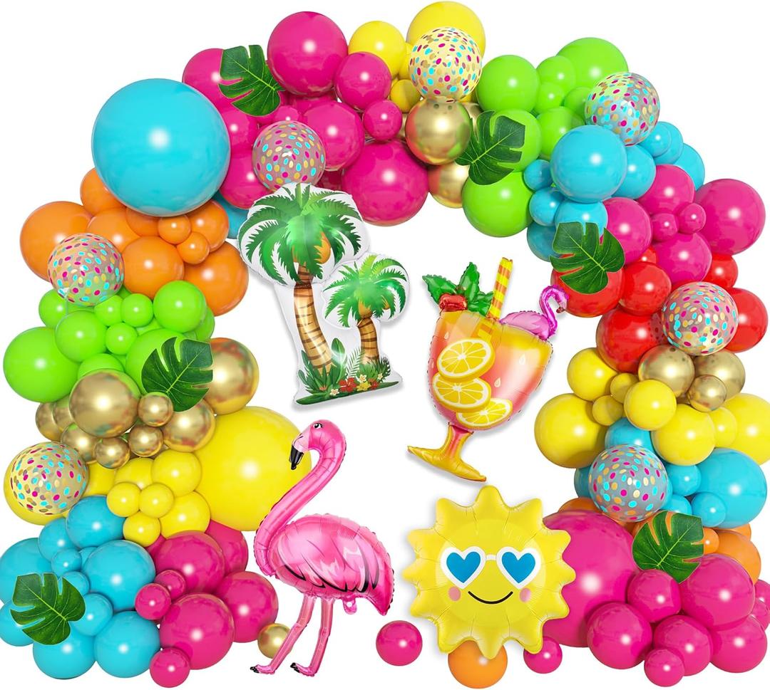 168Pcs Tropical Balloons Arch Garland Kit, Luau Flamingo Summer Beach Party Decorations Hot Pink Green Orange Blue Balloons Palm Leaves for Hawaiian Aloha Pool Baby Shower Wedding Birthday Supplies